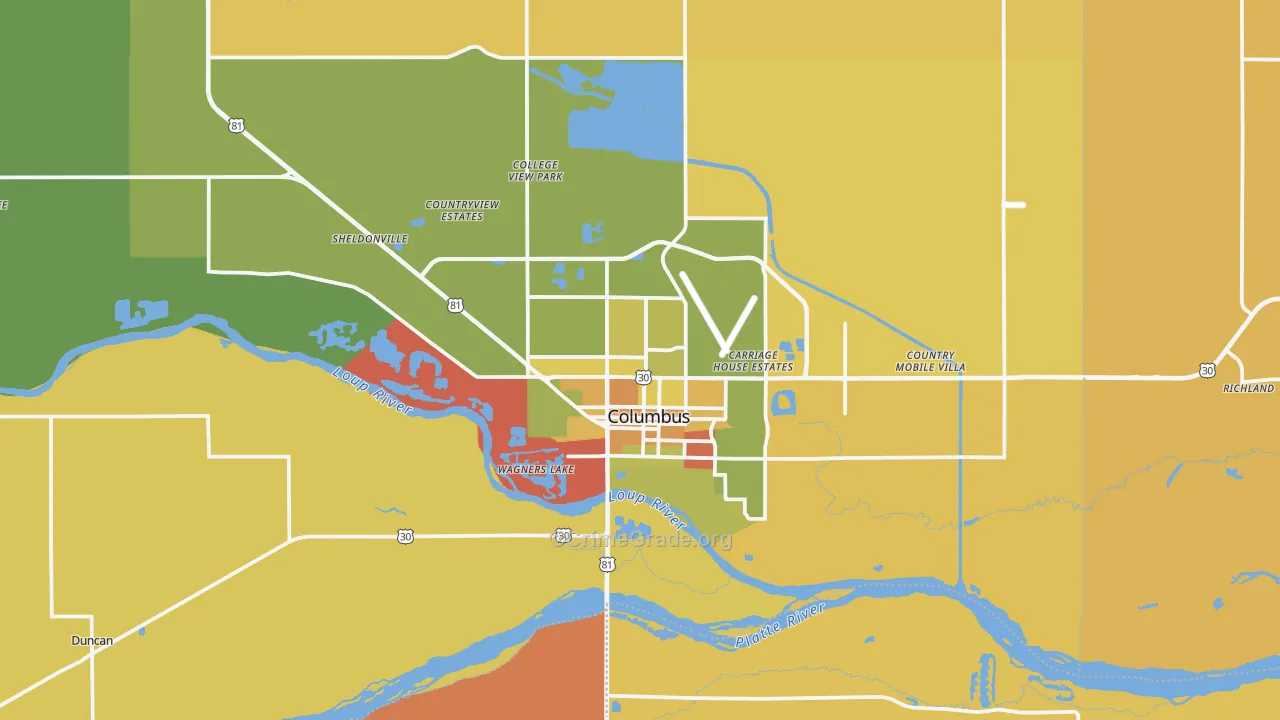 Columbus, NE Map of Robbery Rates