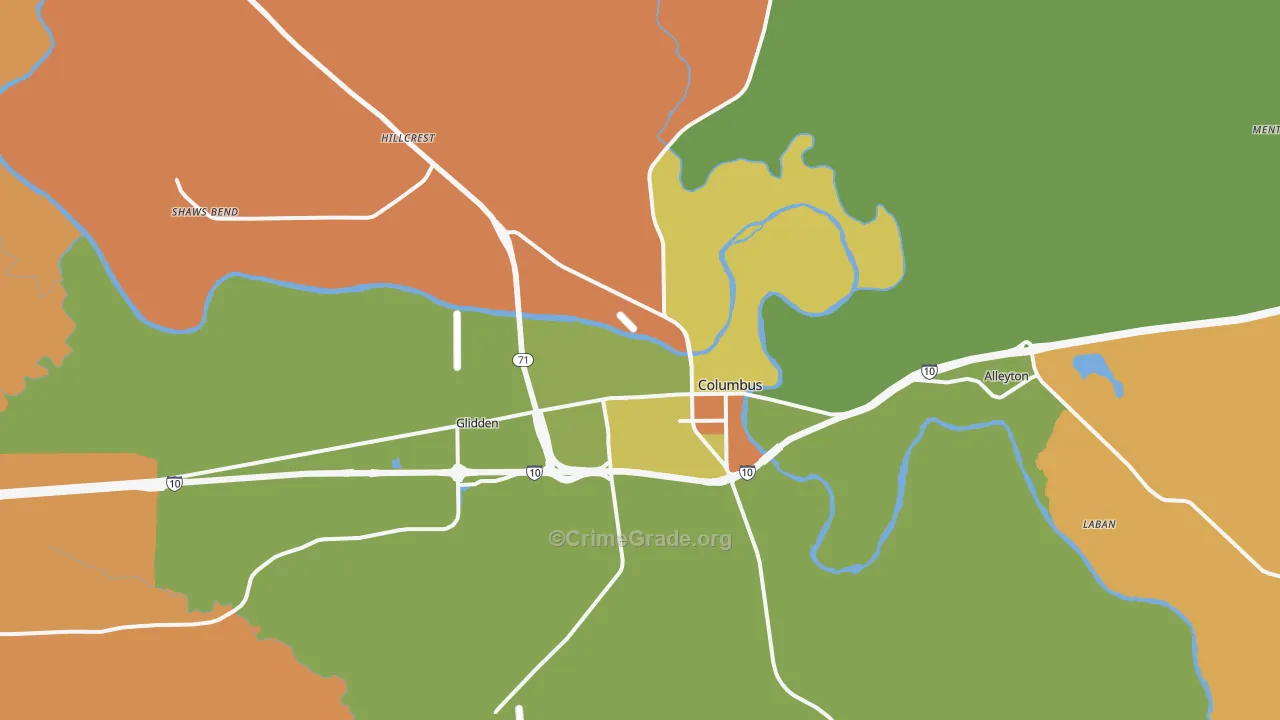 Columbus, TX Map of Robbery Rates