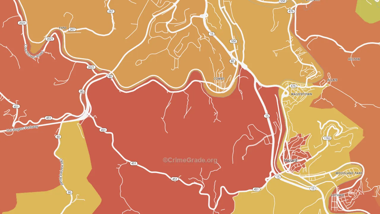 Combs, KY Map of Robbery Rates