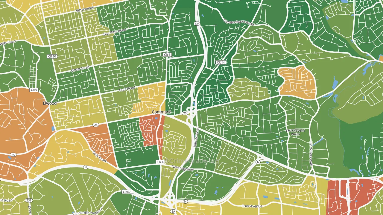Commack, NY Map of Robbery Rates