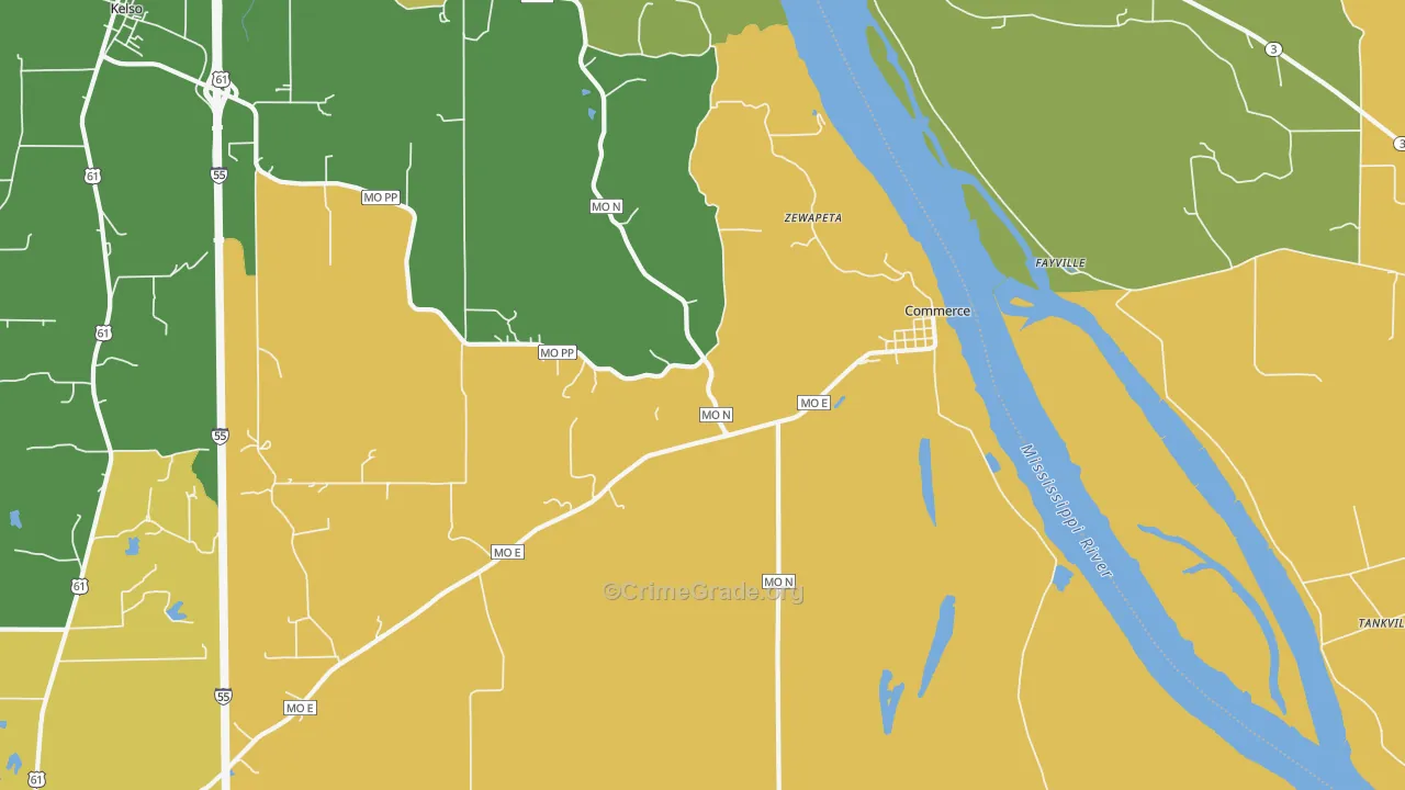Commerce, MO Map of Robbery Rates