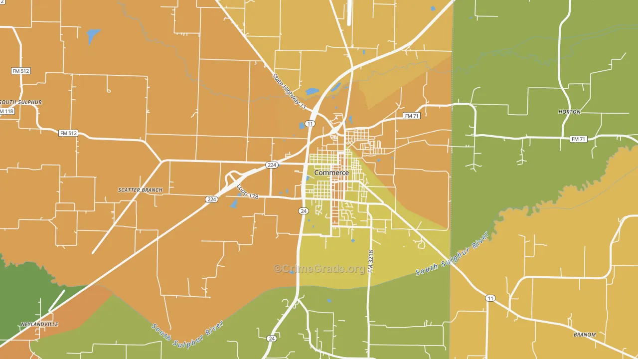Commerce, TX Map of Robbery Rates