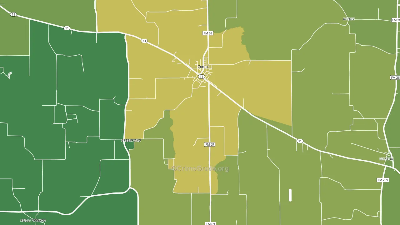 Como, TX Map of Robbery Rates
