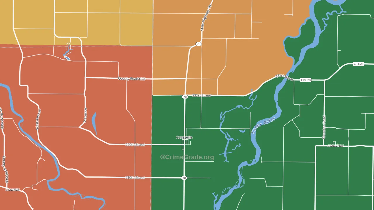 Conesville, IA Map of Robbery Rates