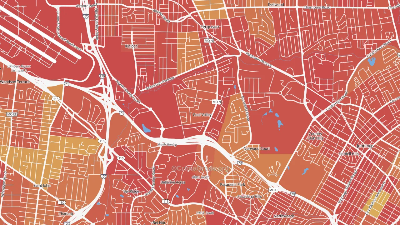 Cool Valley, MO Map of Robbery Rates