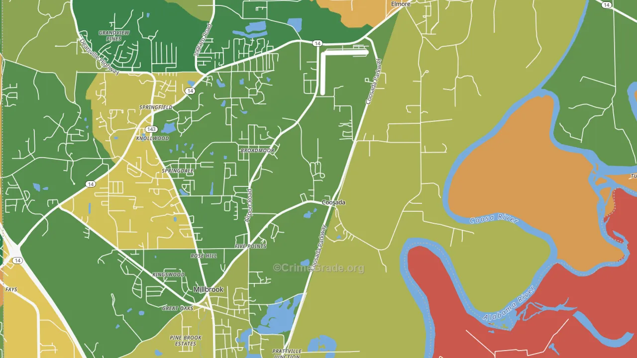 Coosada, AL Map of Robbery Rates