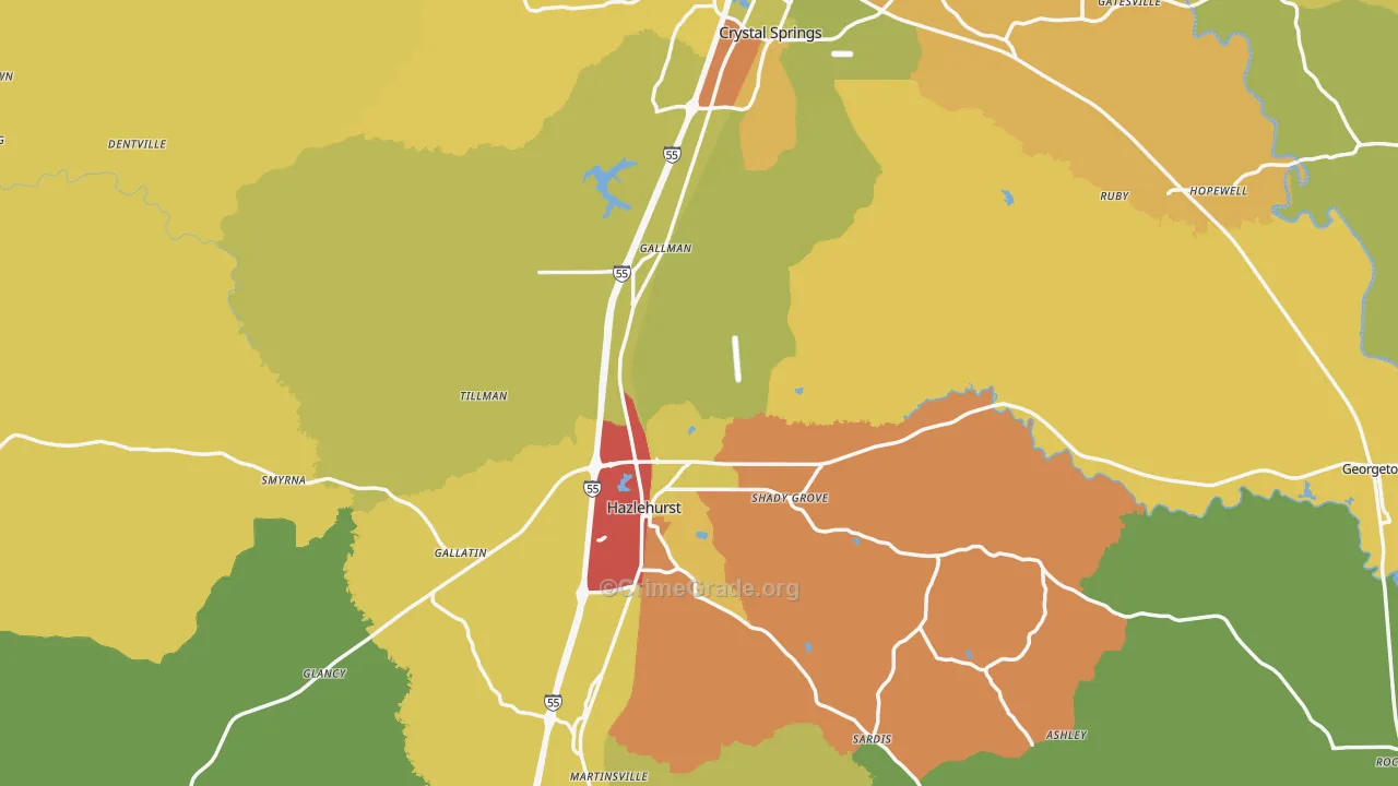Copiah County, MS Map of Robbery Rates