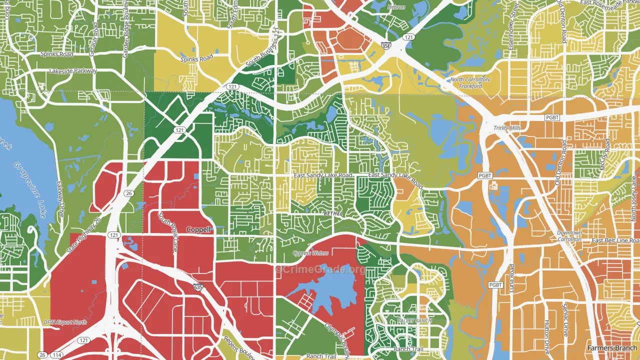 Coppell, TX Map of Robbery Rates