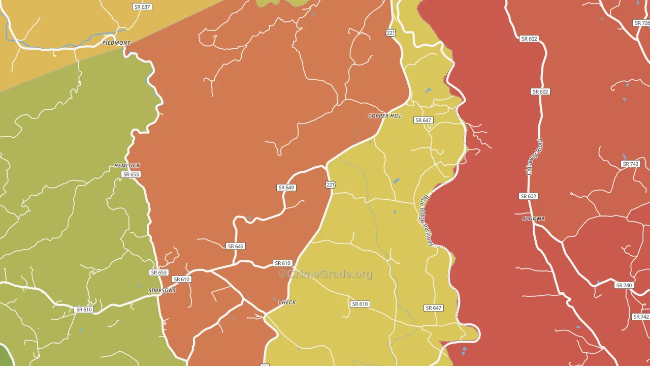 Copper Hill, VA Map of Robbery Rates