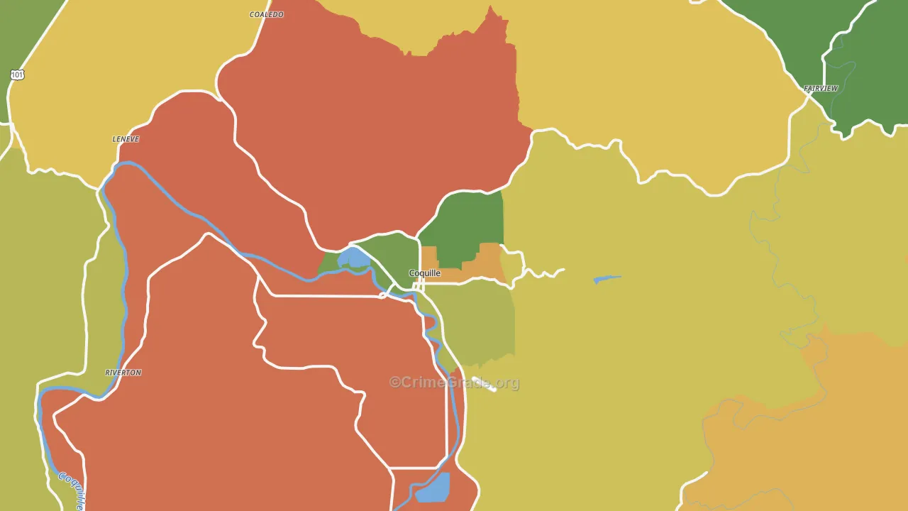 Coquille, OR Map of Robbery Rates