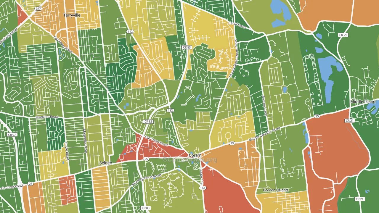 Coram, NY Map of Robbery Rates