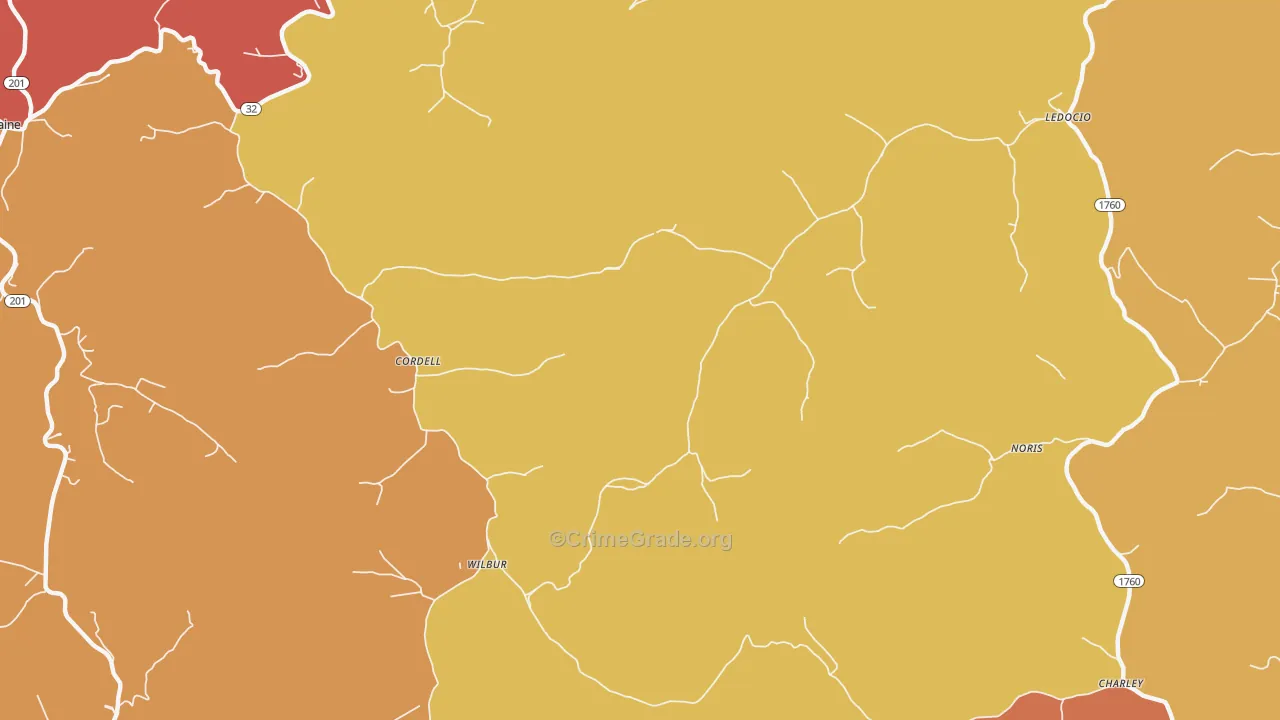 Cordell, KY Map of Robbery Rates