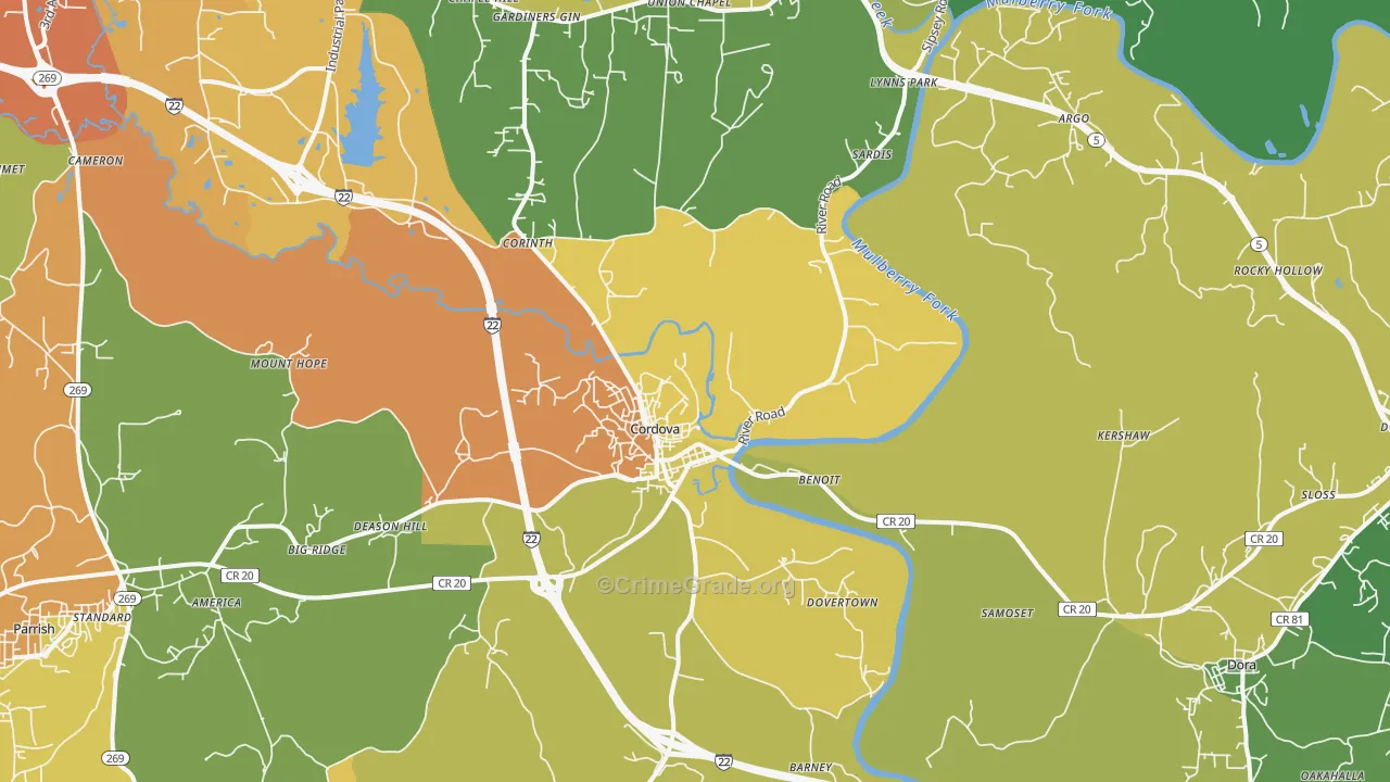 Cordova, AL Map of Robbery Rates