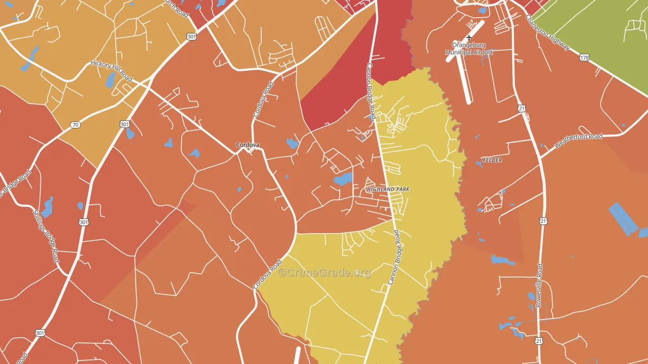 Cordova, SC Map of Robbery Rates