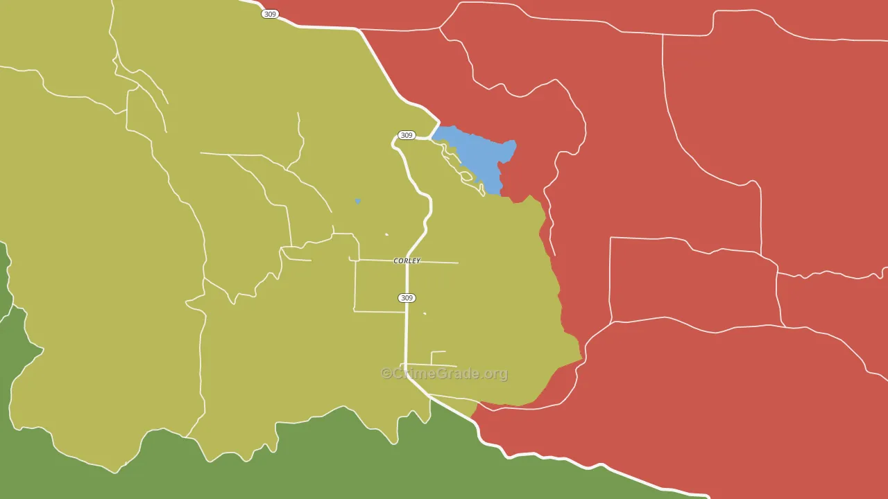 Corley, AR Map of Robbery Rates