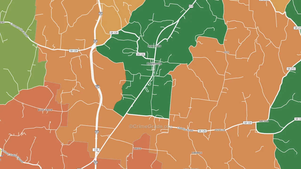 Cornersville, TN Map of Robbery Rates