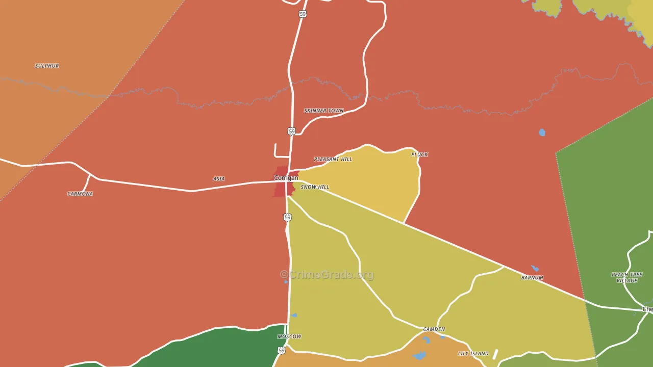 Corrigan, TX Map of Robbery Rates