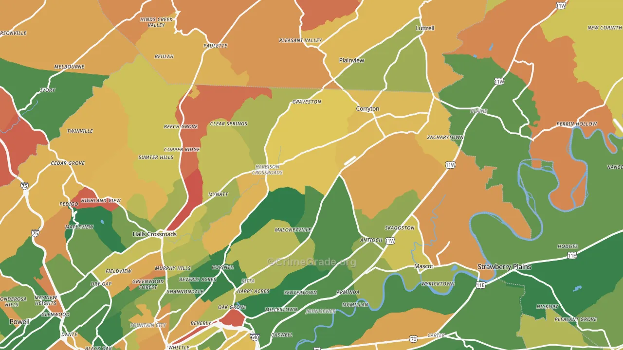 Corryton, TN Map of Robbery Rates