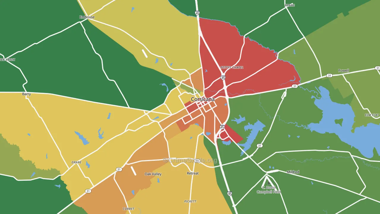 Corsicana, TX Map of Robbery Rates