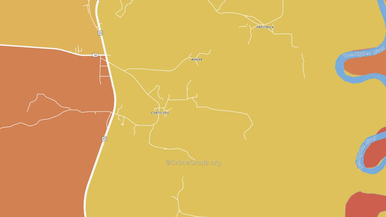 Cortelyou, AL Map of Robbery Rates