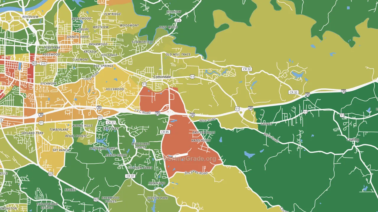 Cottondale, AL Map of Robbery Rates