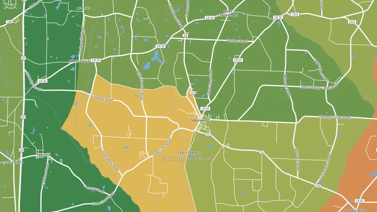 Cottonwood, AL Map of Robbery Rates