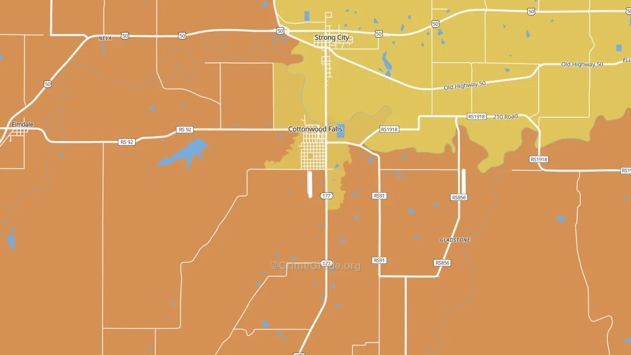 Cottonwood Falls, KS Map of Robbery Rates