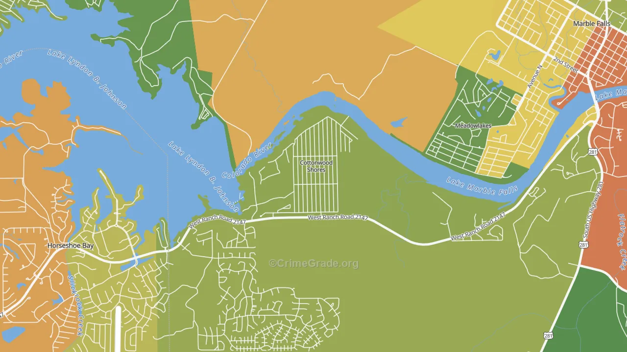 Cottonwood Shores, TX Map of Robbery Rates