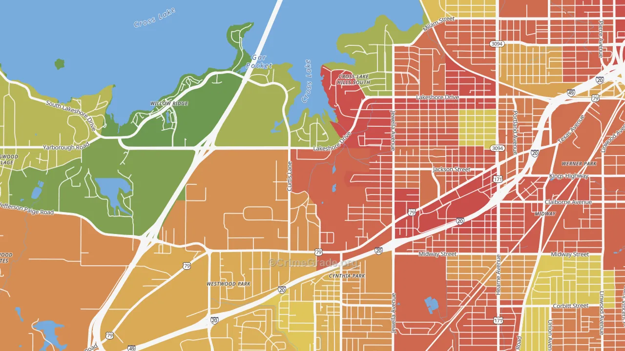 Country Club Hills Lakeshore Shops, Shreveport, LA Map of Robbery Rates