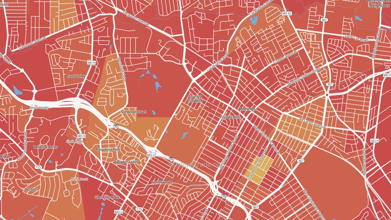 Country Club Hills, MO Map of Robbery Rates
