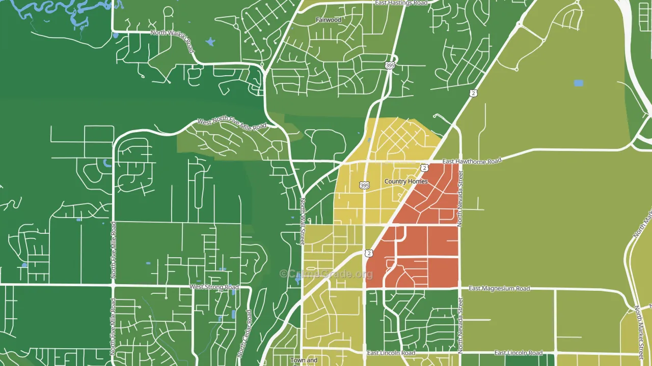 Country Homes, WA Map of Robbery Rates