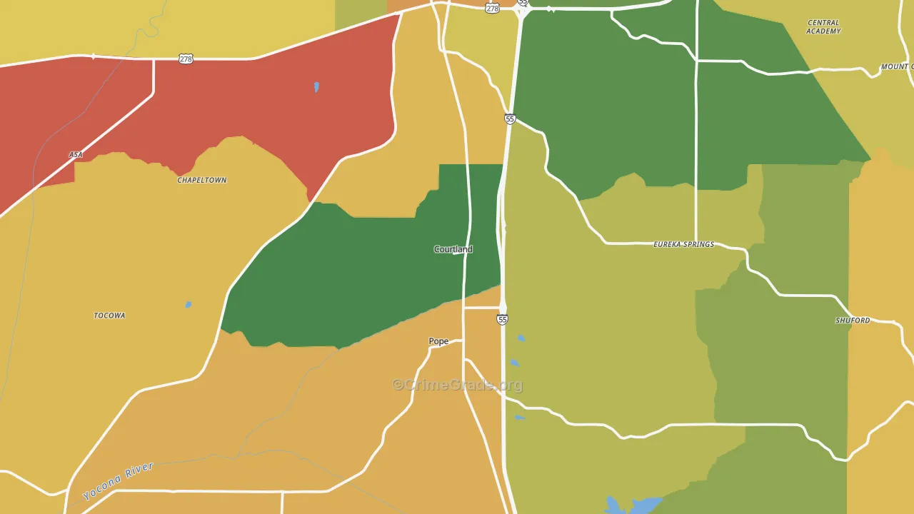 Courtland, MS Map of Robbery Rates