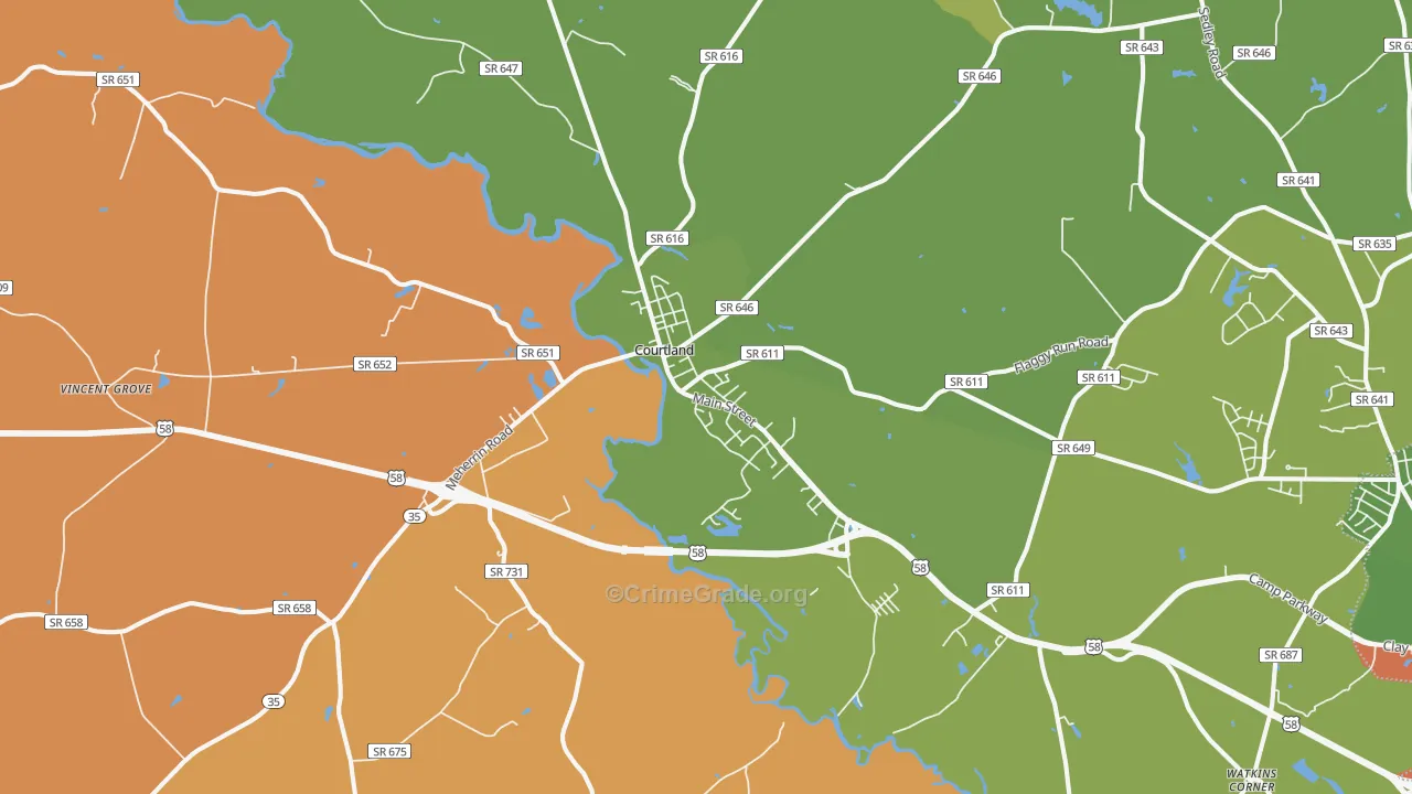 Courtland, VA Map of Robbery Rates