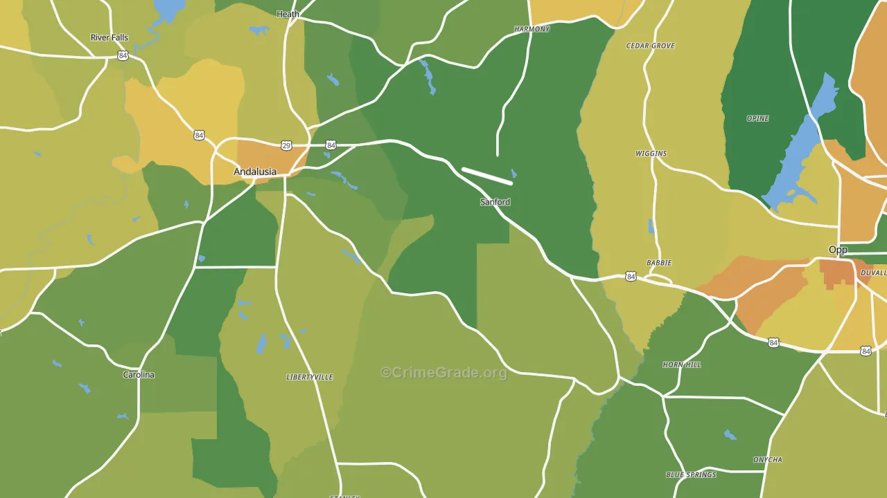 Covington County, AL Map of Robbery Rates