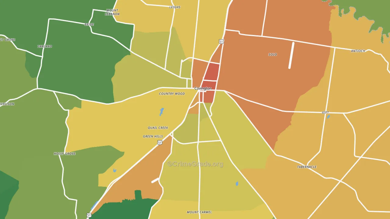 Covington, TN Map of Robbery Rates