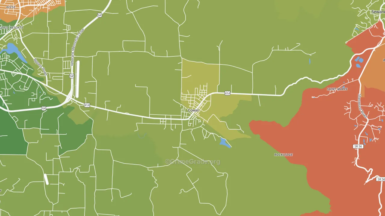 Cowan, TN Map of Robbery Rates
