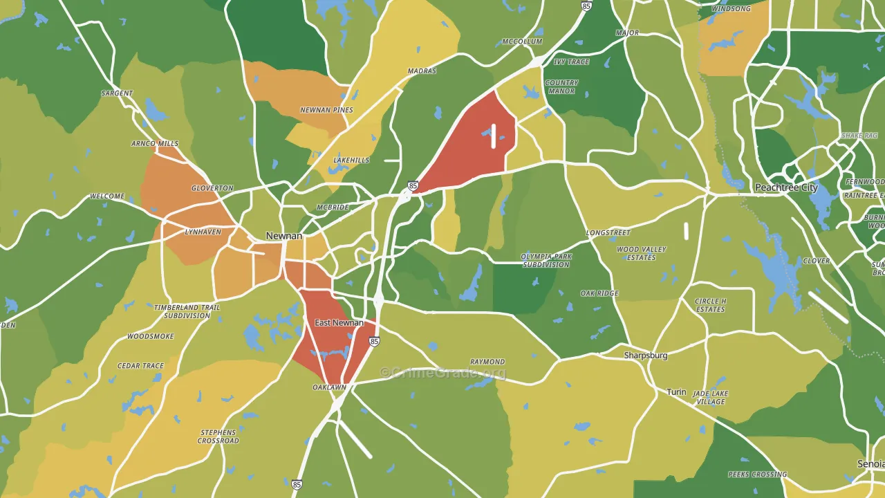 Coweta County, GA Map of Robbery Rates