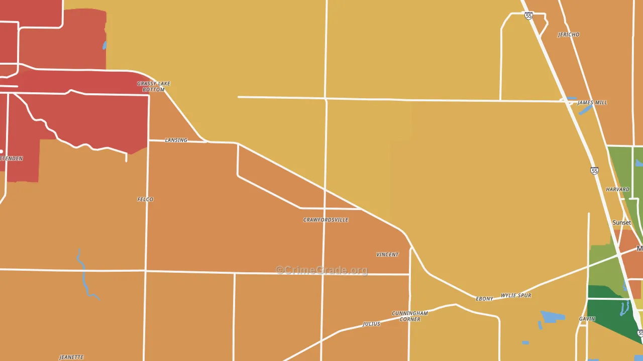 Crawfordsville, AR Map of Robbery Rates