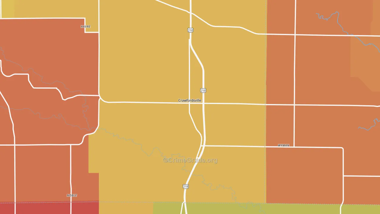 Crawfordsville, IA Map of Robbery Rates