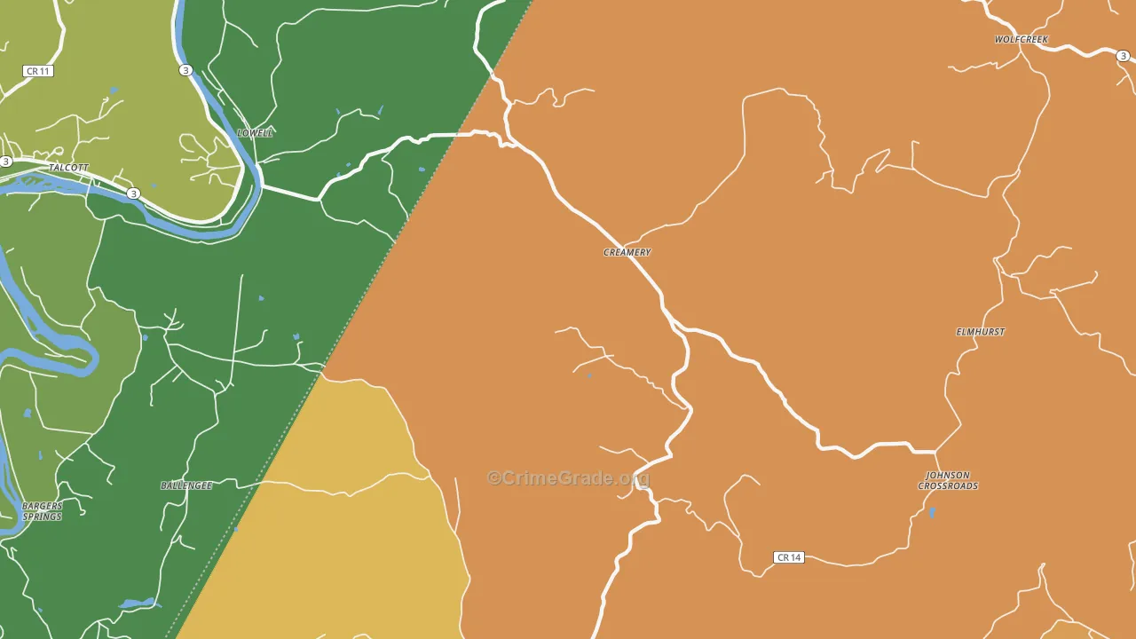 Creamery, WV Map of Robbery Rates