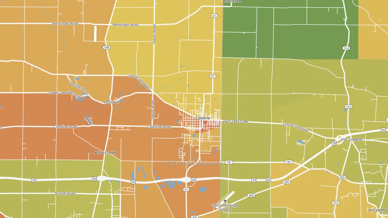 Crestline, OH Map of Robbery Rates