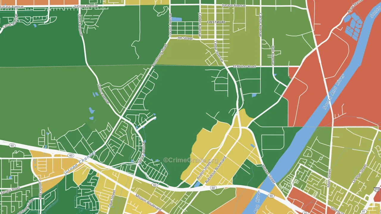 Crestmore Heights, CA Map of Robbery Rates
