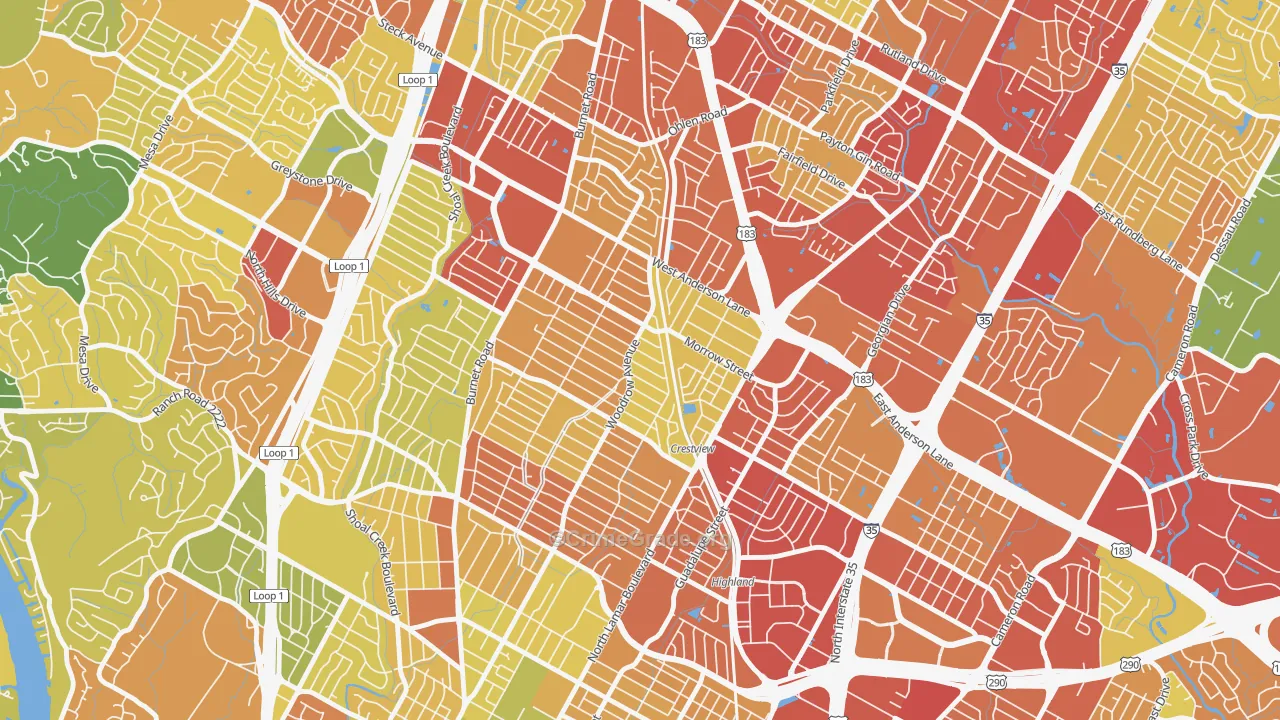 Crestview, Austin, TX Map of Robbery Rates