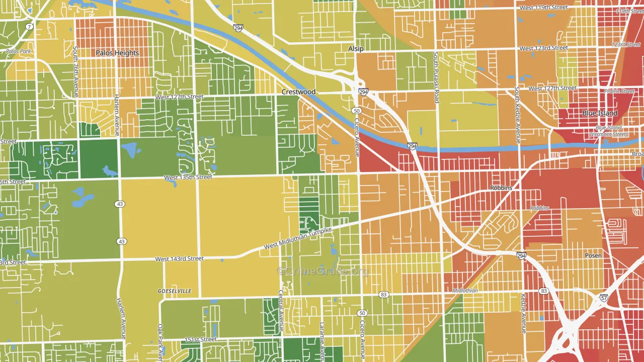 Crestwood, IL Map of Robbery Rates