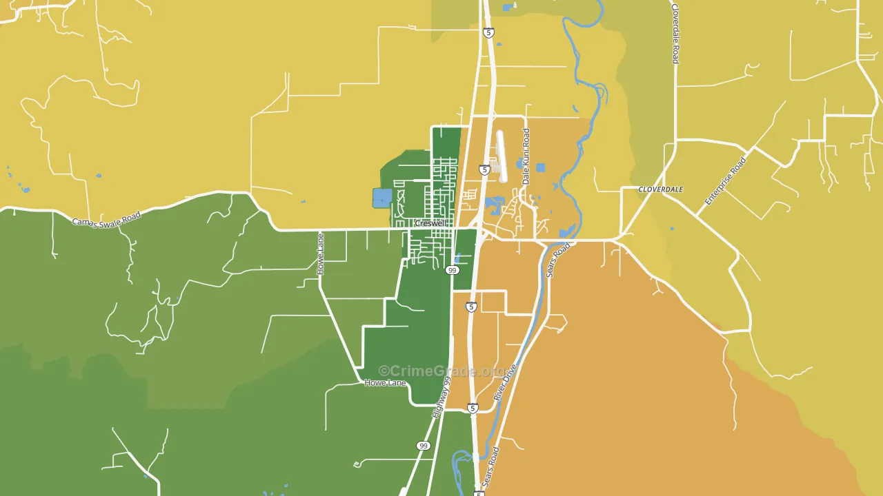 Creswell, OR Map of Robbery Rates