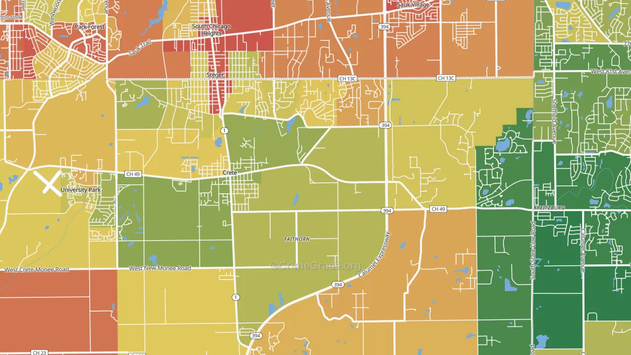 Crete, IL Map of Robbery Rates