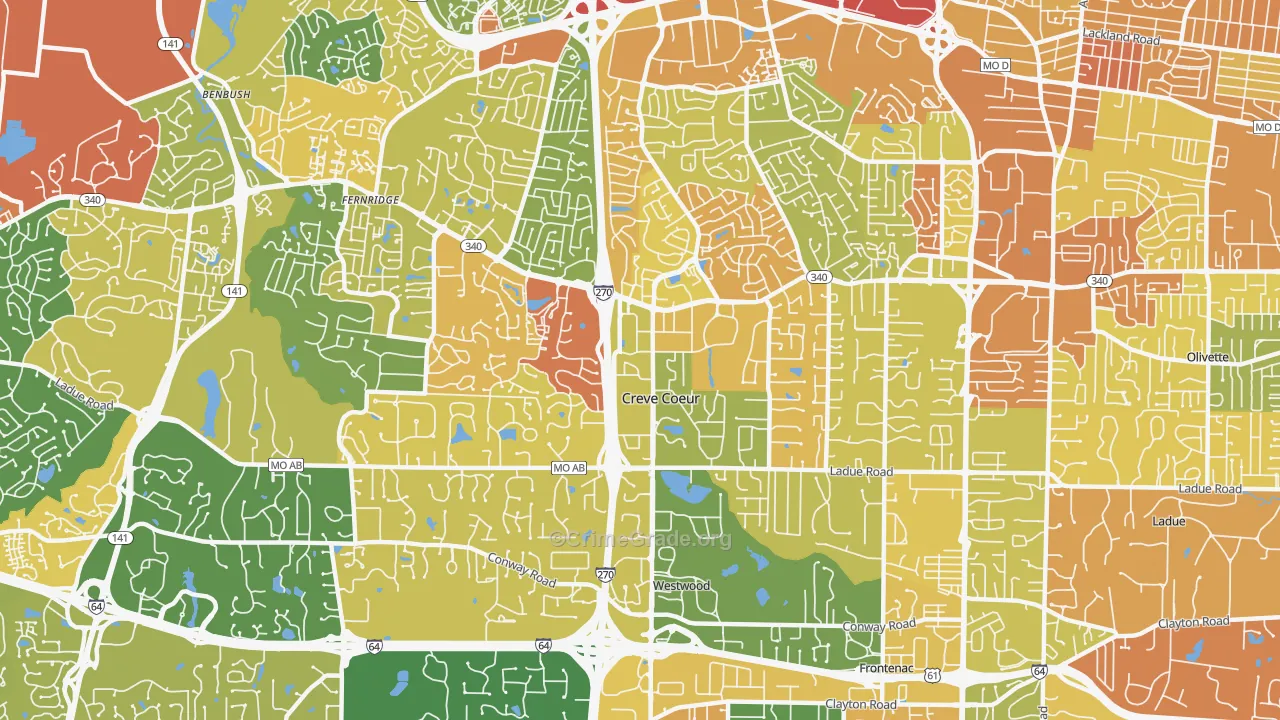 Creve Coeur, MO Map of Robbery Rates
