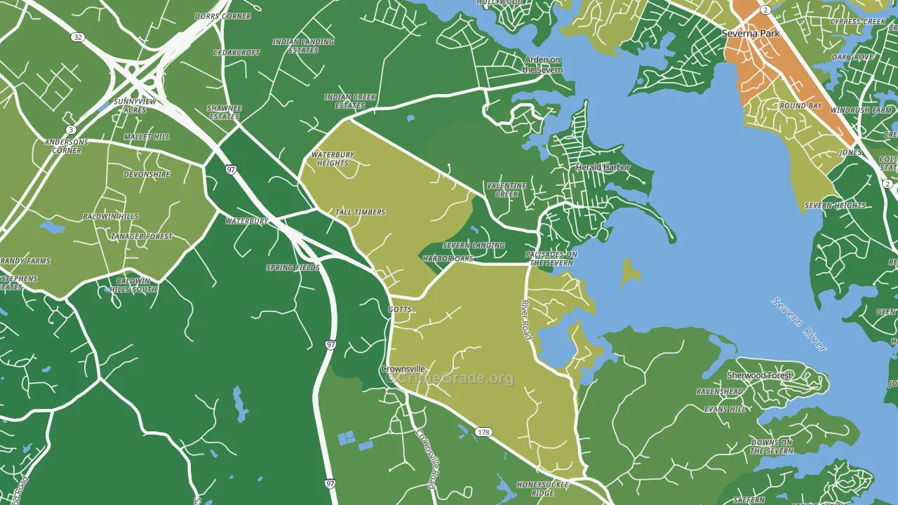 Crownsville, MD Map of Robbery Rates