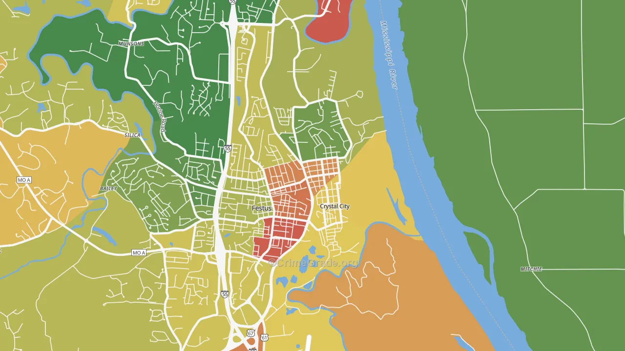 Crystal City, MO Map of Robbery Rates