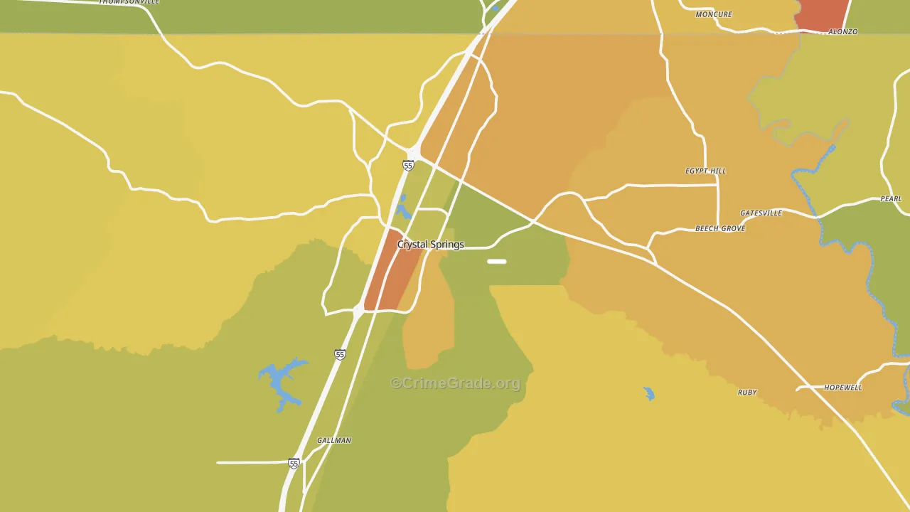 Crystal Springs, MS Map of Robbery Rates